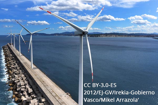 Wind turbines in the port of Bilbao.